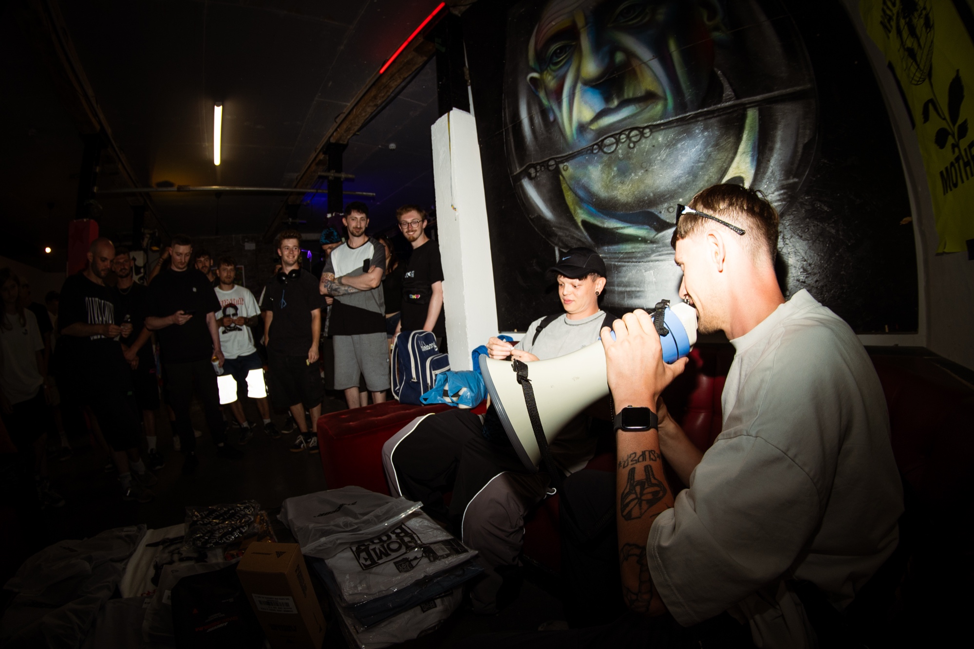 Noah Harwood with megaphone at the BOUNCE OFF afterparty in Bristol