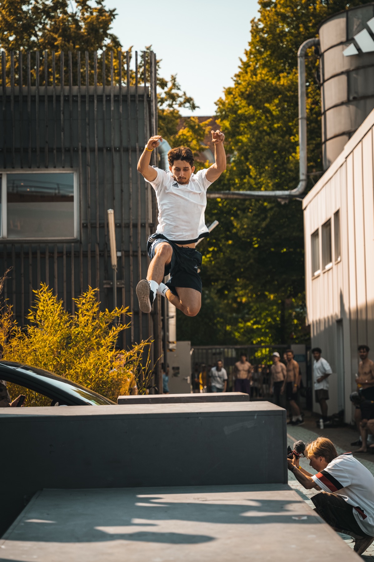 Athletes training on the STR!DE obstacle park during the Berlin festival