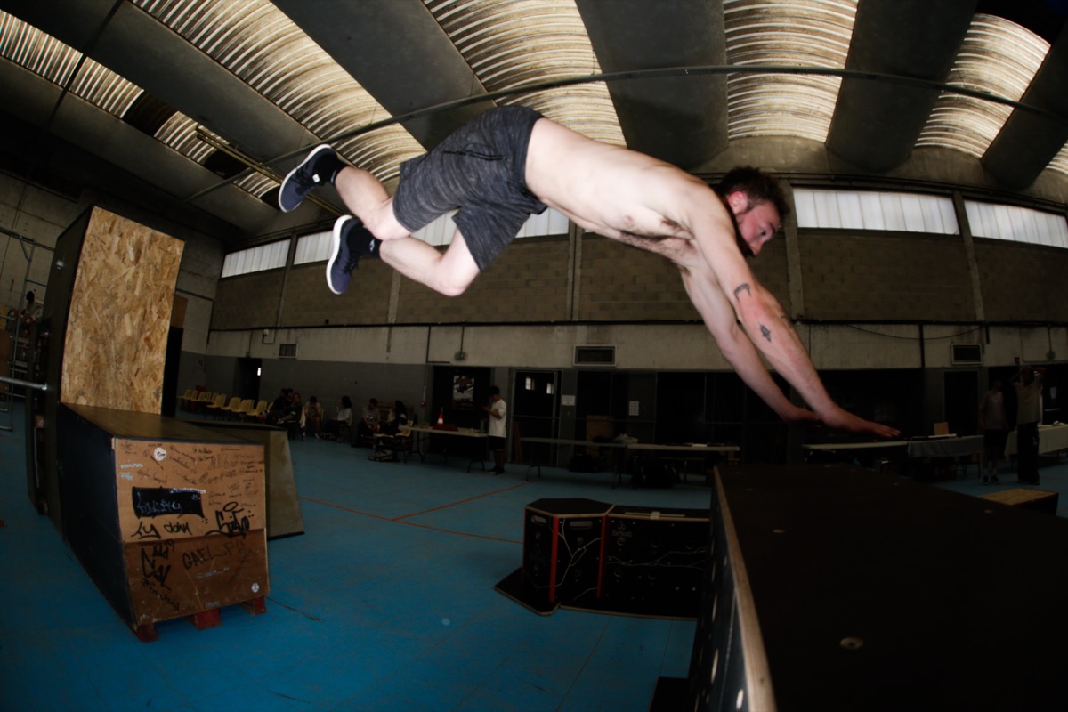 Athlete mid flip during an AeroJam session in Troyes
